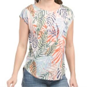 NWT TAHARI Womens M 100% Linen Tropical Floral Print Top Tee Shirt